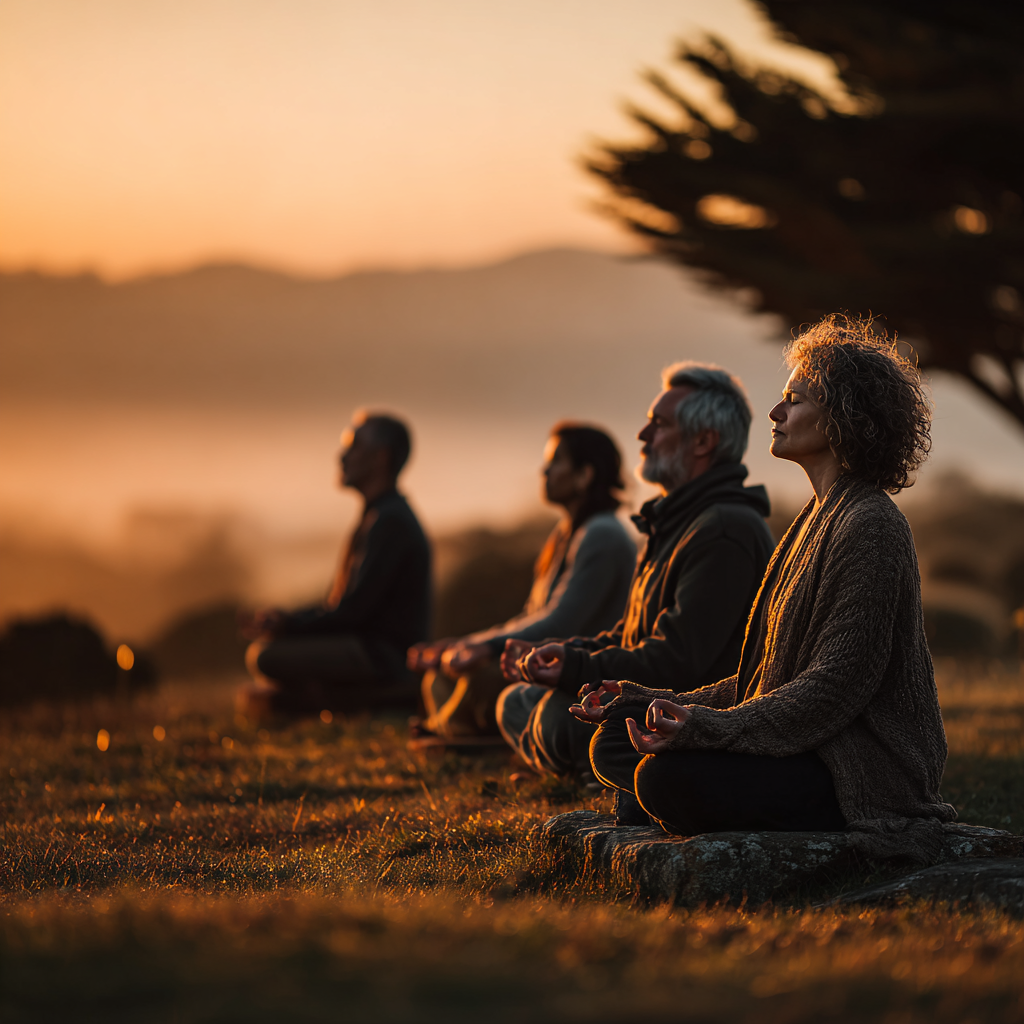 A serene group of people in their 40s and 50s sitting in meditation pose in a beautiful natural setting with soft morning light