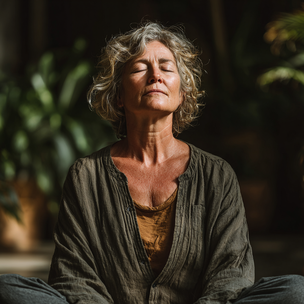 A tranquil woman in her 50s sitting in lotus position with eyes closed, practicing meditation in a peaceful indoor space with soft natural lighting and plants